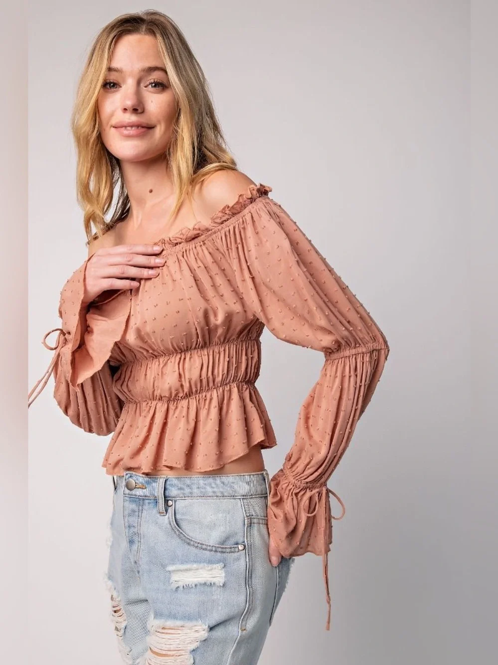 Easel | Ella Romantic Swiss Dot Off The Shoulder Blouse Bohemian Taupe New Small